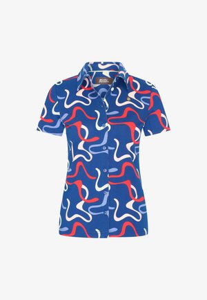 Korte mouw blauwe shirt met een veelkleurig golvend patroon in rood, roze en lichtblauw, met een knopenlijst aan de voorkant en een kraagdetail.