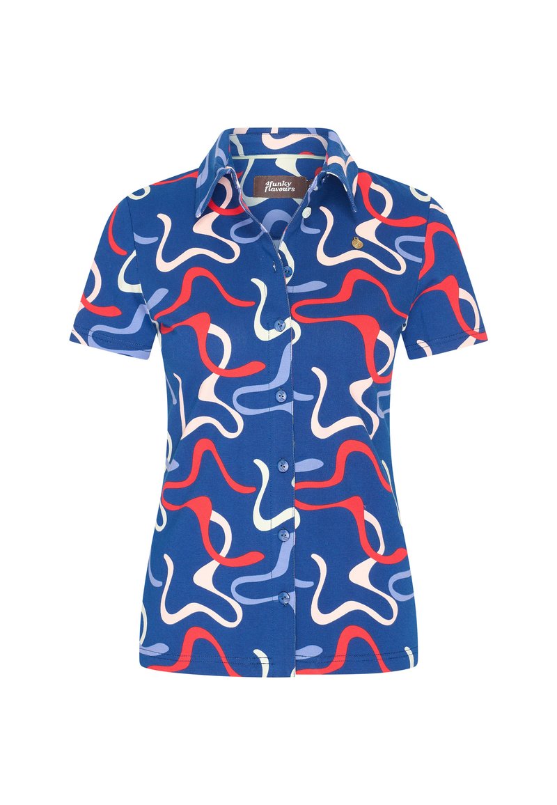 Short-sleeve blue shirt featuring a multicolored wavy pattern in red, pink, and light blue, with a button-up front and collar detail.