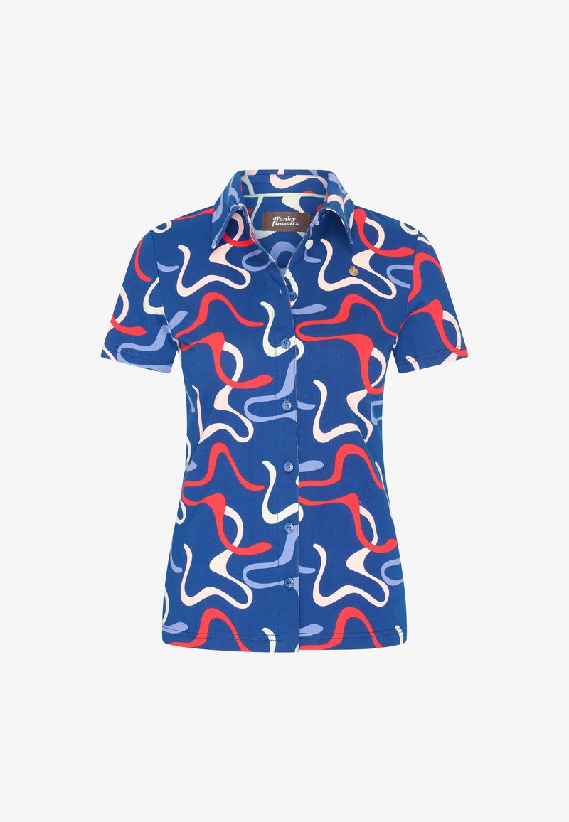 Short-sleeve blue shirt featuring a multicolored wavy pattern in red, pink, and light blue, with a button-up front and collar detail.