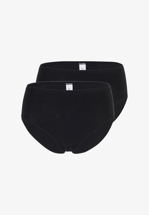 Black high-waisted underwear, featuring a smooth texture and elastic waistband, shown in a pack of two. Simple design without patterns.