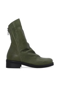 Grüne Lederstiefelette mit einem lässigen Design, seitlichem Reißverschluss, niedrigem schwarzem Blockabsatz und glatter, strukturierter Oberfläche.