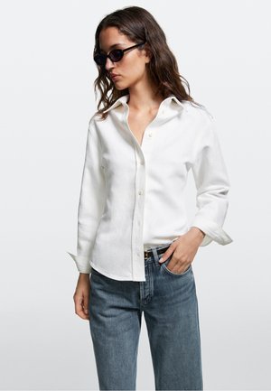 Massimo Dutti, COTTON AND LINEN BLEND SHIRT WITH SHOULDER DETAIL - Skjortebluser - white