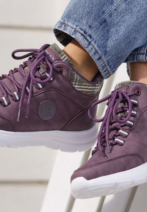Purple leather sneakers with a textured finish, white rubber soles, and plaid accents at the collar; laced with matching purple shoelaces.