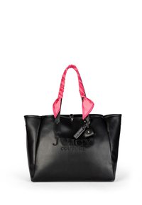 Borsa tote in pelle nera con finitura testurizzata, dotata di manici avvolti in rosa e logo impresso sulla parte anteriore. Include un dettaglio chiave.