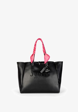 Borsa tote in pelle nera con finitura testurizzata, dotata di manici avvolti in rosa e logo impresso sulla parte anteriore. Include un dettaglio chiave.