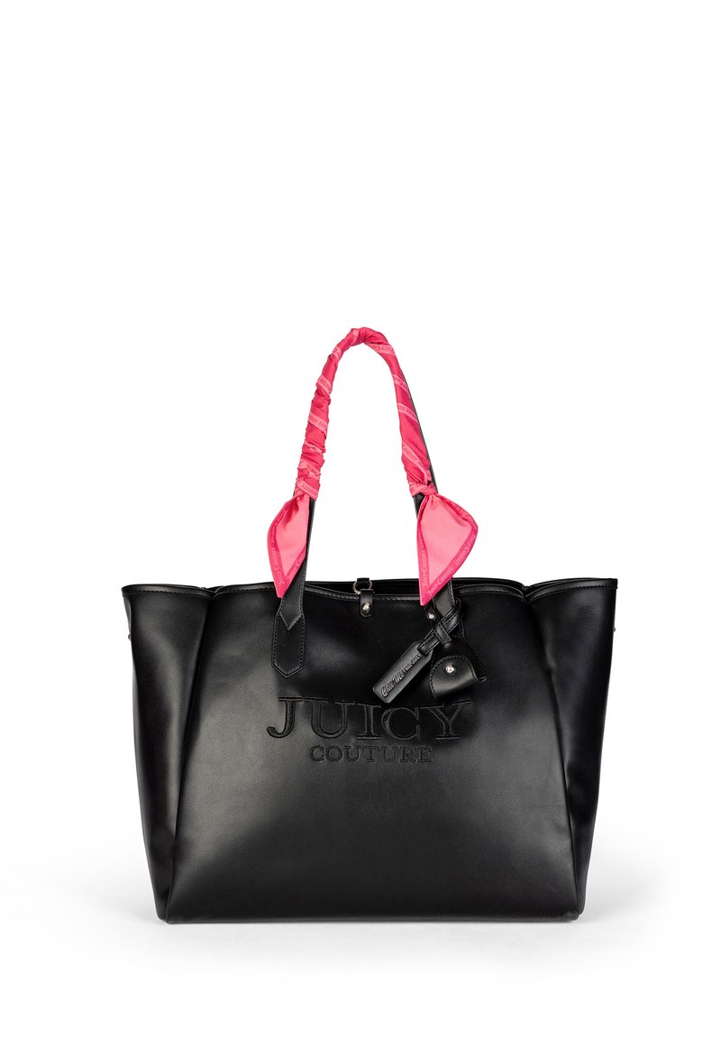 Borsa tote in pelle nera con finitura testurizzata, dotata di manici avvolti in rosa e logo impresso sulla parte anteriore. Include un dettaglio chiave.