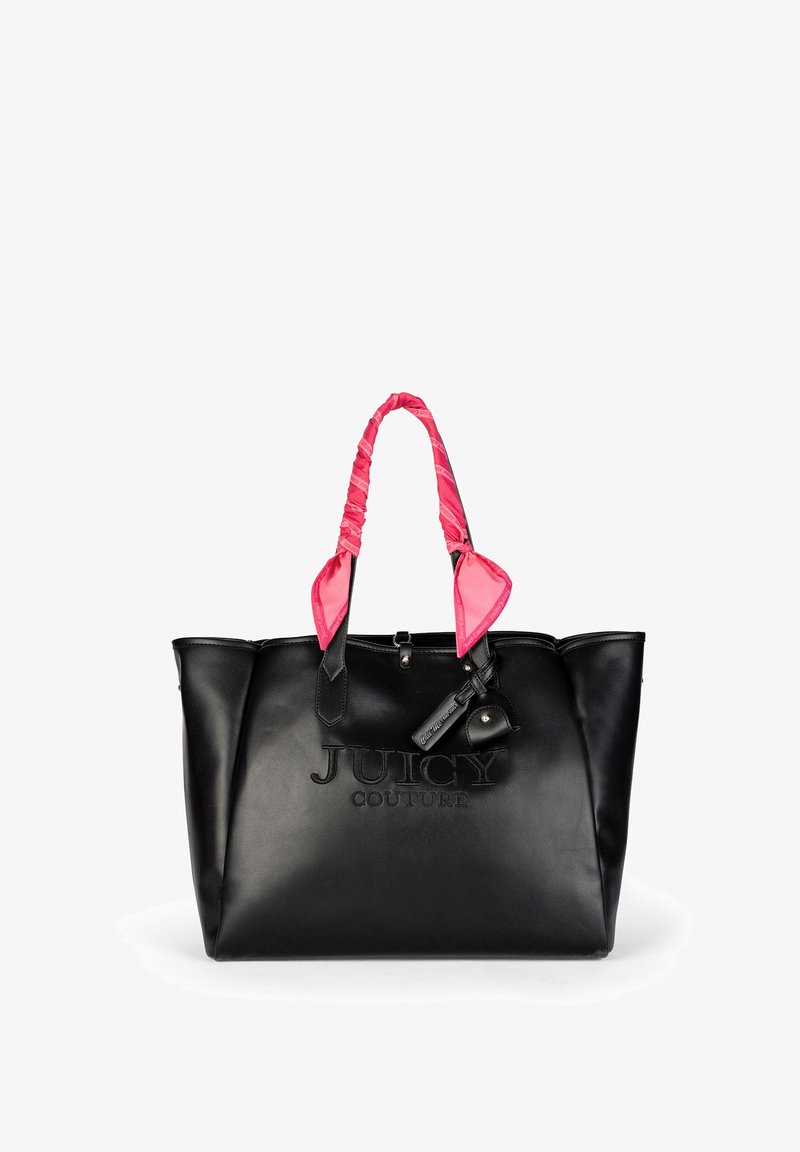 Borsa tote in pelle nera con finitura testurizzata, dotata di manici avvolti in rosa e logo impresso sulla parte anteriore. Include un dettaglio chiave.