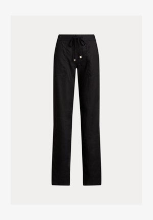 Pantalones negros de lino con un ajuste holgado. Cuentan con una cintura ajustable con cordón y dos bolsillos delanteros. Diseño simple de pierna recta.