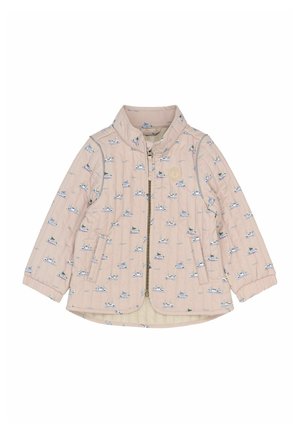 Geacă căptușită de culoare roz moale, cu un model de bărci în albastru și verde. Include un fermoar la față, buzunare laterale și un guler ridicat.