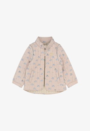 Polstret jakke i blød pink, med et bådmønster i blå og grøn. Inkluderer lynlåslukning foran, sidelommer og en opretstående krave.