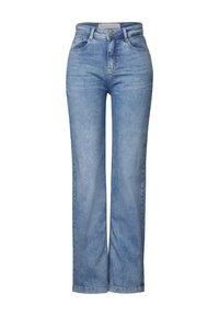 Světle modré, vysoké široké džíny vyrobené z denimu, s předním zapínáním na knoflík, poutky na opasek a dvěma předními kapsami s hladkou texturou.
