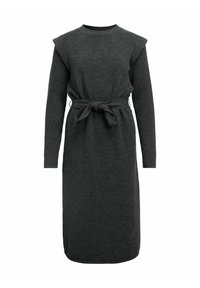 Abito lungo grigio scuro con maniche lunghe a costine, dettagli sulle spalle, scollatura rotonda e vita cinturata. Tessuto morbido, taglio fino al ginocchio.