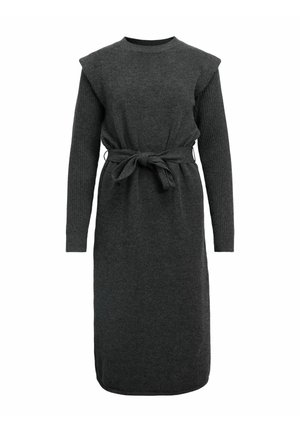 Lång mörkgrå klänning med ribbade långärmar, axelaccenter, rund halsringning och bälte i midjan. Slät tyg, knäkort snitt.