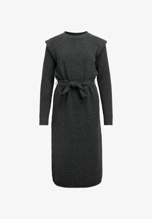 Abito lungo grigio scuro con maniche lunghe a costine, dettagli sulle spalle, scollatura rotonda e vita cinturata. Tessuto morbido, taglio fino al ginocchio.