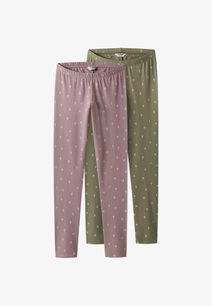 Two pairs of soft cotton leggings in mauve and olive green with small white floral prints and elastic waistbands.