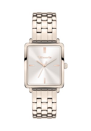 Vierkante zilverkleurige horloge met roségouden indexen en wijzers, metalen schakelband en "Tamaris" logo op de wijzerplaat.