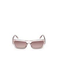Occhiali da sole rettangolari con montatura trasparente rosa chiaro, lenti marroni con gradiente e dettagli decorativi sulle astine. Texture liscia su tutta la superficie.