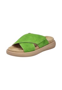 Green suede slide sandal with crossed straps, tan cushioned insole, and durable light brown rubber outsole.