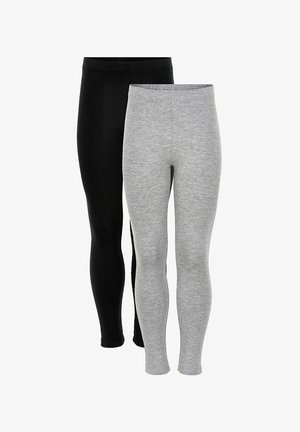 Zwei Paar Leggings in Schwarz und Grau. Weicher, dehnbarer Stoff mit einem elastischen Bund und einer figurbetonten Passform. Keine sichtbaren Logos oder Muster.