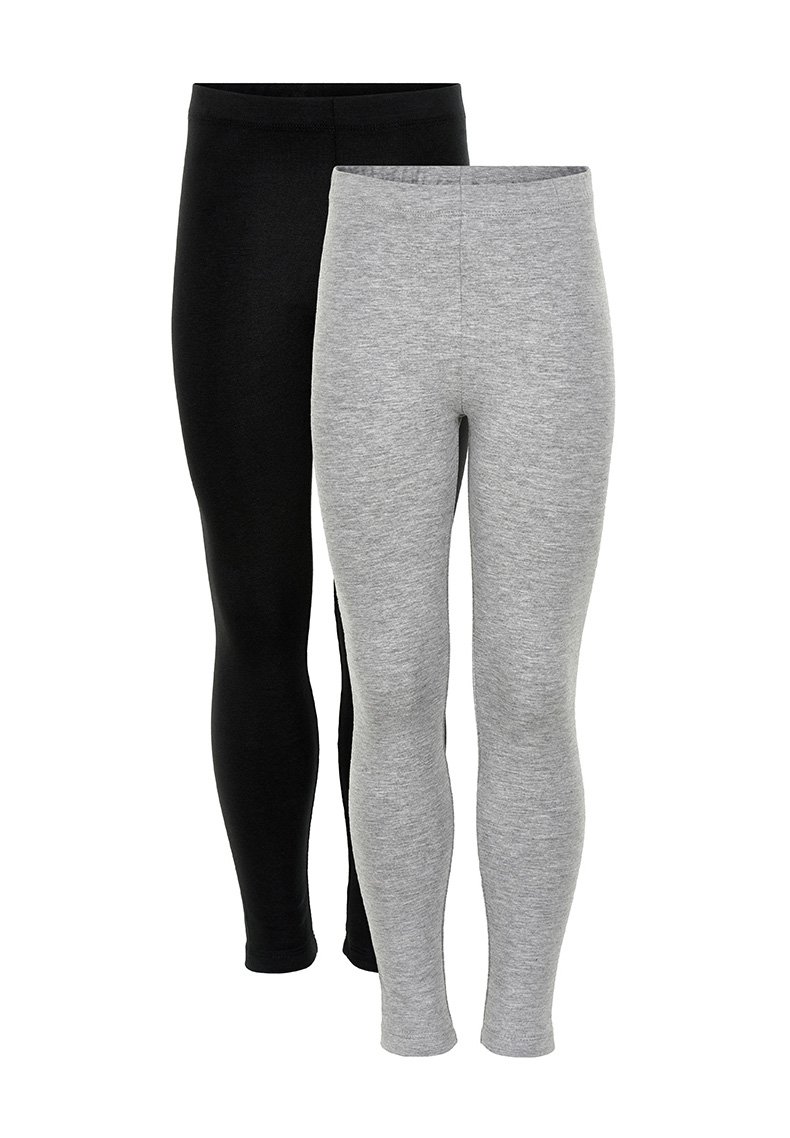 Deux paires de leggings en noir et gris. Tissu doux et extensible avec une taille élastique et un design ajusté. Pas de logos ni de motifs visibles.