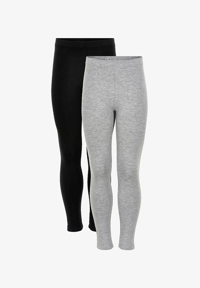 Twee paar leggings in zwart en grijs. Zacht, rekbaar materiaal met een elastische tailleband en een aansluitend ontwerp. Geen zichtbare logo's of patronen.