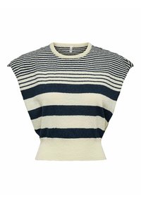 Top a righe lavorato a maglia con linee orizzontali in blu navy e crema, con scollatura ampia e maniche corte, realizzato in tessuto testurizzato.
