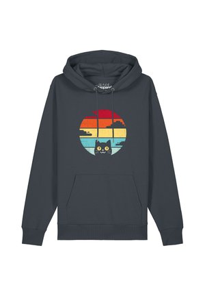 Dunkelgrauer Hoodie mit einem Retro-Sonnenuntergang-Kreis-Design und einer schwarzen Katze, die aus der unteren Mitte des Kreises hervorblickt.
