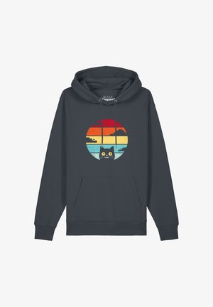 Dunkelgrauer Hoodie mit einem Retro-Sonnenuntergang-Kreis-Design und einer schwarzen Katze, die aus der unteren Mitte des Kreises hervorblickt.