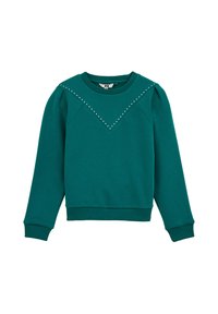 Felpa teal con scollo rotondo, polsini e orlo a coste, caratterizzata da un motivo a chevron di piccole borchie argentate lungo la parte anteriore.