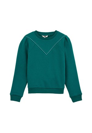 Sweatshirt en bleu sarcelle avec un col rond, des poignets et un ourlet côtelés, arborant un motif en chevrons de petites clous en argent le long du devant.
