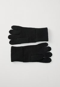 Svart strikkede hansker med ribbestrikket mansjett, med separate fingerrom. Materialet ser mykt og elastisk ut, designet for varme.