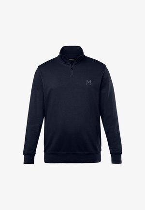 Czarny sweter z długim rękawem, z kołnierzem na zamek na ćwierć długości i małym logo "M" po lewej stronie klatki piersiowej.