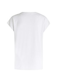 Biała koszulka z krótkim rękawem z okrągłym dekoltem, wykonana z miękkiego materiału. Gładka tekstura, lu źny krój i prosty dół.