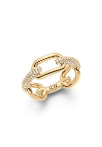 Gold-tone ring featuring intertwined chain links with clear crystal accents and a rectangular centerpiece. Smooth texture with polished finish.