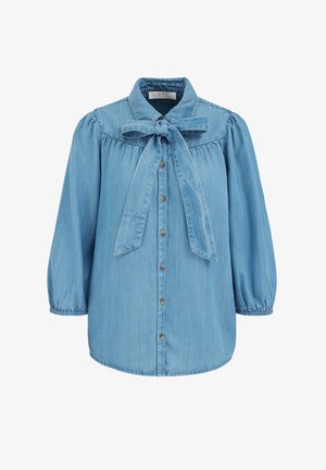 Jasnoniebieska koszula dżinsowa z zapięciem na guziki z przodu, wiązanym kołnierzykiem, bufkami i elastycznymi mankietami. Gładka tkanina o luźnym fasonie.