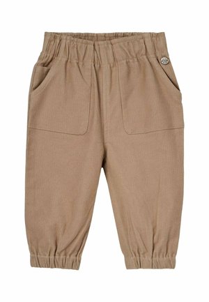 Pantalon beige pour tout-petit avec taille et poignets élastiques, deux poches avant et un petit bouton décoratif rond sur la poche droite.
