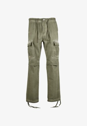 Kohvipruuni värvi cargo püksid, millel on nöörivöö, kaks küljetaskut ning kitsenevad jalad, millel on all reguleeritavad nöörid.