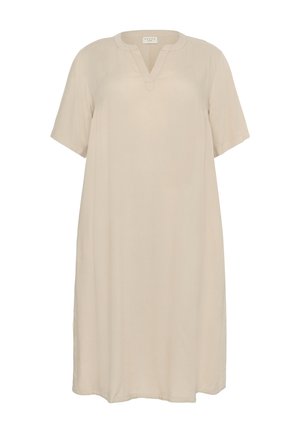 Beżowa sukienka z krótkim rękawem, z dekoltem w szpic i luźnym krojem. Wykonana z miękkiego materiału, charakteryzuje się subtelną teksturą i bocznymi rozcięciami.