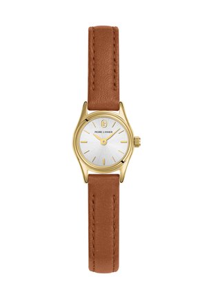 Reloj redondo dorado con esfera blanca, marcadores de hora y manecillas dorados minimalistas, correa de cuero marrón y logotipo "Pierre Lannier" en la esfera.
