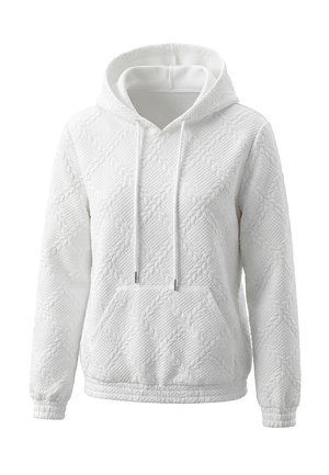 Sweat à capuche matelassé blanc avec cordons, poche kangourou à l'avant, et motif discret en losanges et feuilles sur les manches longues et le corps.