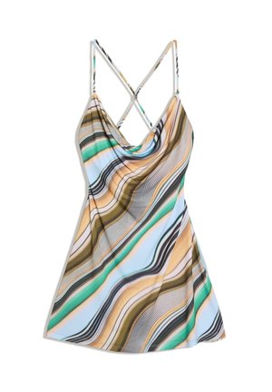 Satin-Nachthemd mit mehrfarbigen wellenförmigen Streifen in Grün, Braun, Blau und Schwarz, mit dünnen gekreuzten Spaghettiträgern und einem drapierten Ausschnitt.