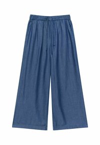 Jeans culottes med elastisk midjeband och dragsko, med en löst sittande passform och vida ben i en mellanblå färg.