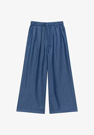 Denim culotter med elastisk talje og snor, der har en løs pasform og brede ben i en mellemblå farve.