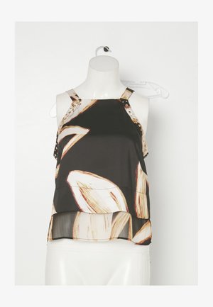 Musthave mustriga pluus, millel puuduvad varrukad ja floraline muster kreemi ja beeži toonides. Õlgadel on dekoratiivsed rihmad, millel on kullast nupud.