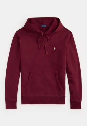 Burgundy hoodie in soft cotton, featuring a front pocket, adjustable drawstrings, and a small logo emblem on the chest.