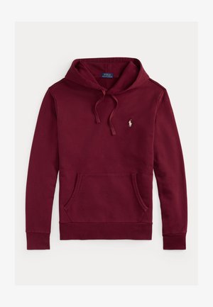 Sudadera burdeos de algodón suave, con un bolsillo frontal, cordones ajustables y un pequeño logotipo en el pecho.