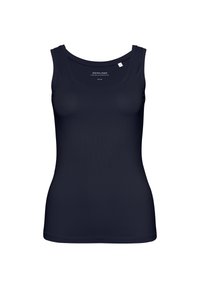 Débardeur noir ajusté sans manches avec encolure dégagée et tissu lisse, présenté sur fond blanc.