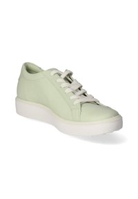 Sneaker in pelle verde chiaro con finitura testurizzata, caratterizzato da lacci bianchi e una suola spessa bianca, design con punta rotonda e dettagli di cucitura minimi.