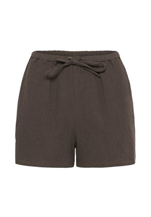 Shorts marron en tissu texturé avec taille élastique, nœud sur le devant et ourlet droit.