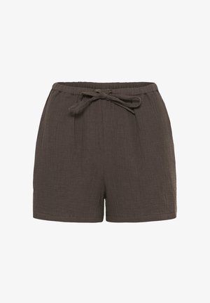 Shorts marron en tissu texturé avec taille élastique, nœud sur le devant et ourlet droit.